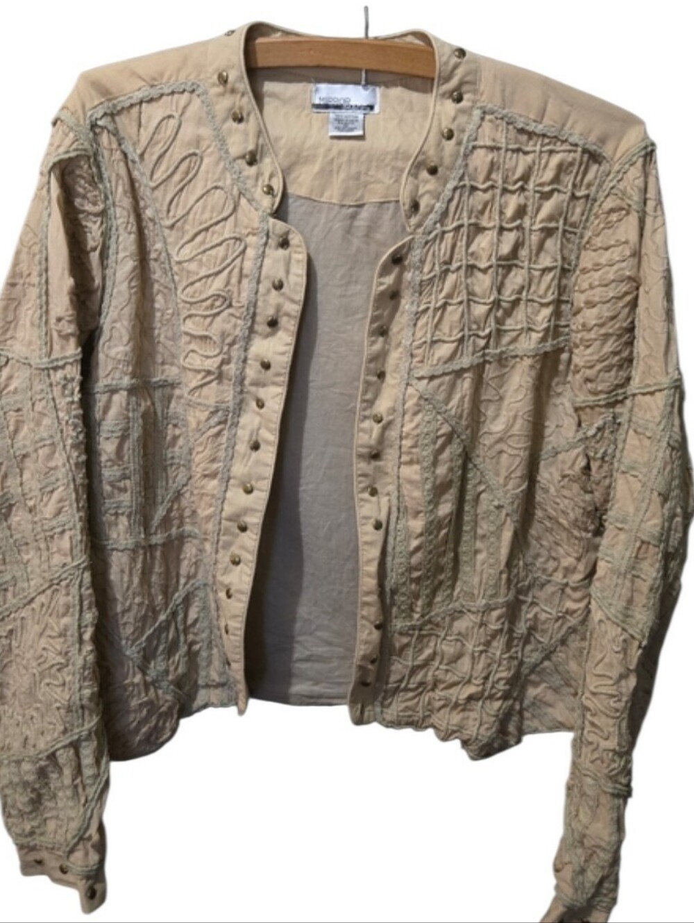 Mirror Image Vintage Quilted Embroidered Cotton Open Front Jacket Medium Boho